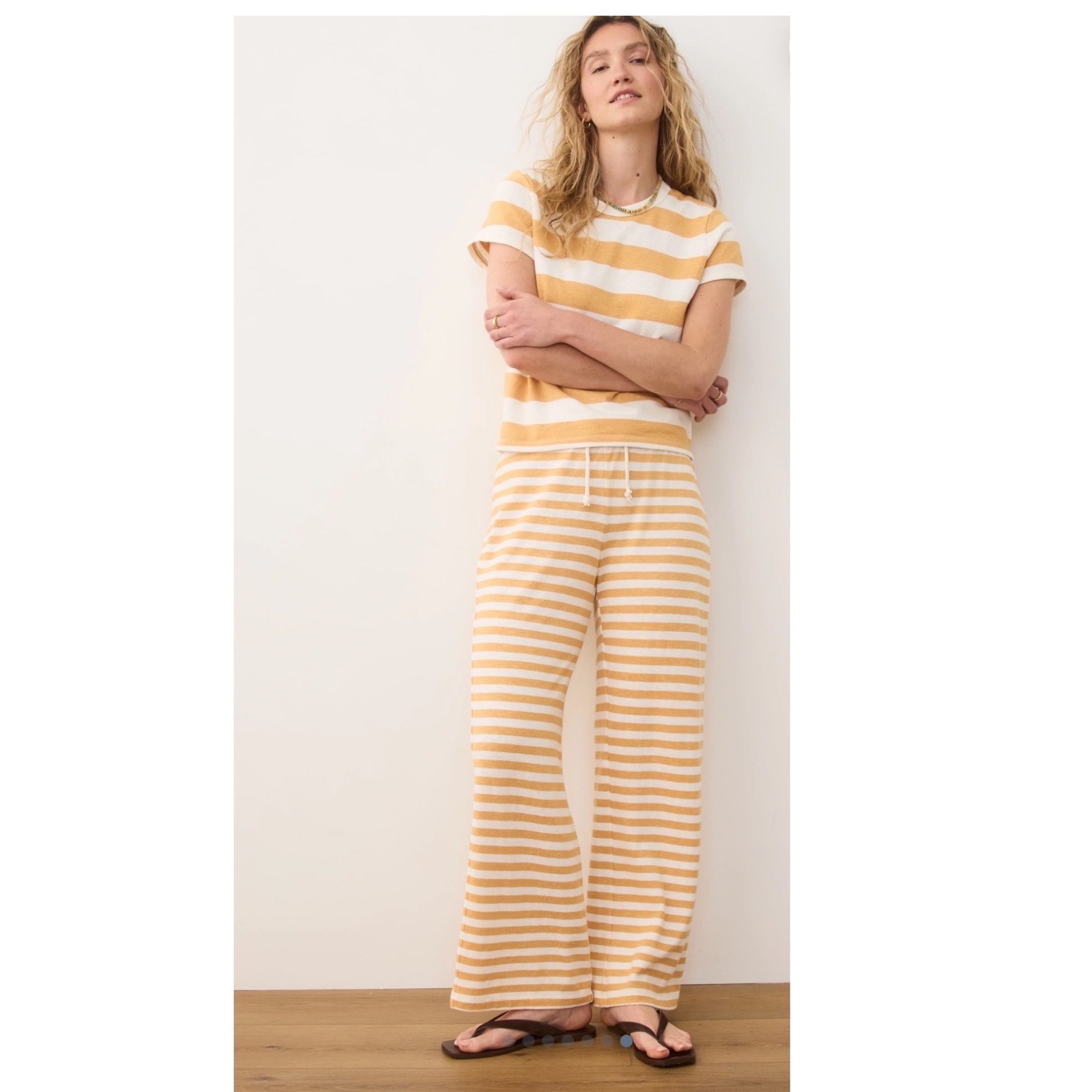 Marine Layer Striped Lounge Set M Mustard Cream Soft Knit Tee & Wide Leg Pants